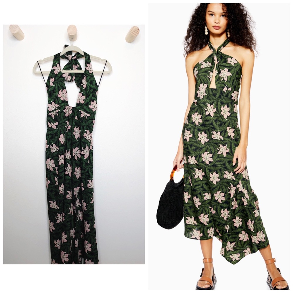 Topshop Green Floral Halter Midi Dress with Pink Flowers
